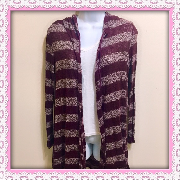 T/O Sweaters Sweaters - Maroon Striped Open Hooded Cardigan
